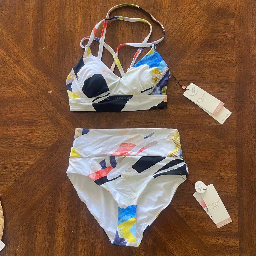 CALIA XS Strappy Back Ruched Bikini Top High Rise Bottom Collage Pure White